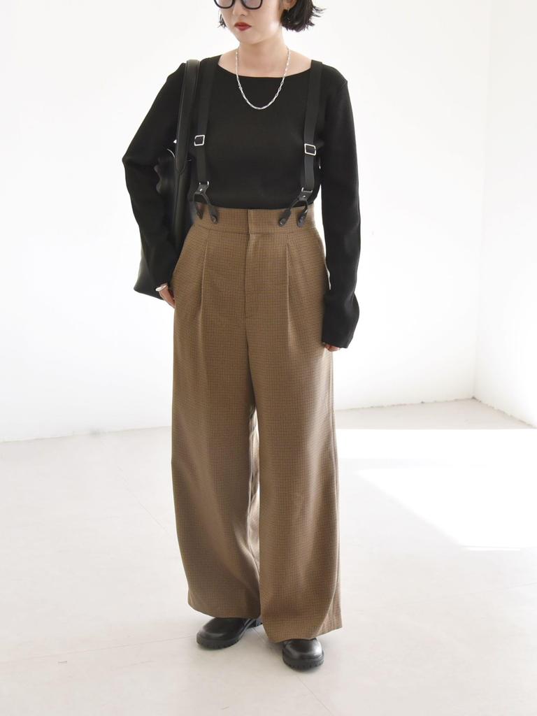 Caranciel Women's Wide-Leg Pants, Machine Washable, Check Pattern with Suspenders, Brown, Size 40 (Product Code: 613150011)