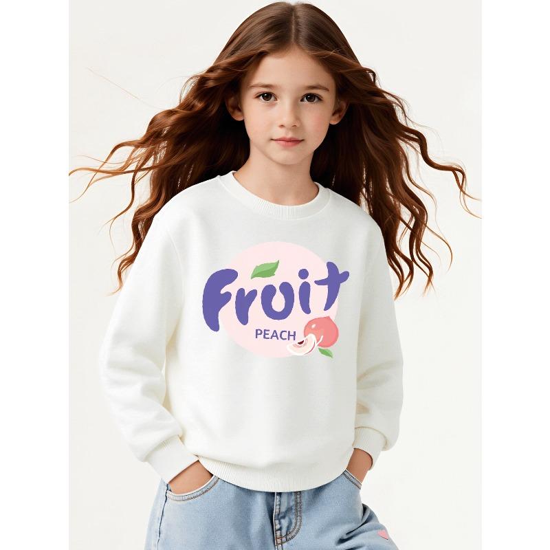 Girls' Round Neck Sweatshirt, Girls' Casual Sweatshirt Printed Round Neck Pullover, Fruit Peach Design Pattern
