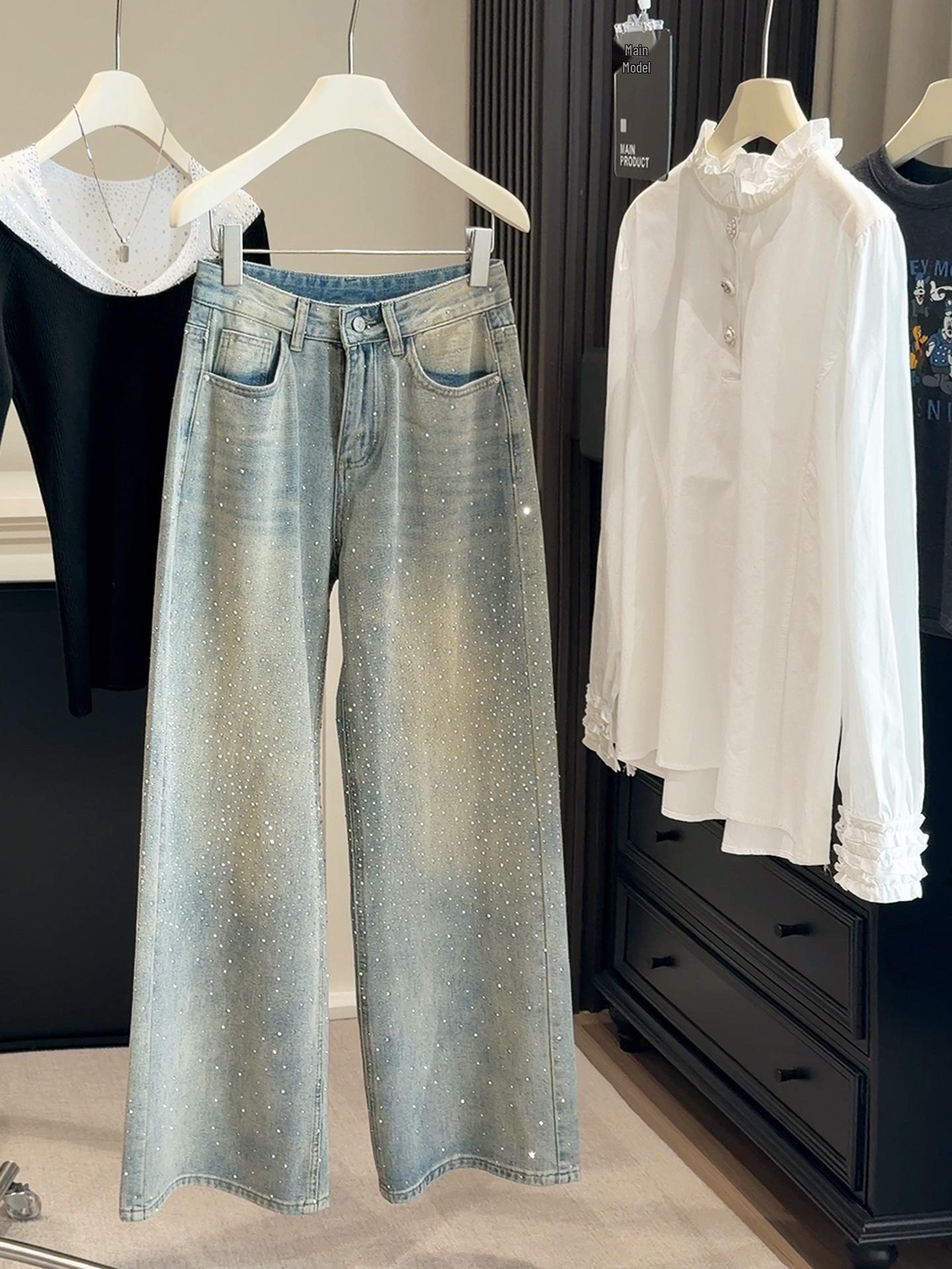 Spring Starry Rhinestone Sparkle Wide-Leg Jeans - Women s Loose-Fit Slimming Pants
