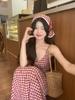 2026 Women's Red Plaid Open Back Strappy Summer Dress with Slim Waist and Pastoral Style Long Skirt