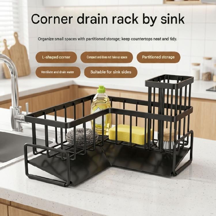 Cleaning Tool Storage Rack, L-Form Sink Corner Holder With Open Wire Baskets and Base Tray for Freestanding Sink-Side Storage for Daily Sink Cleaning