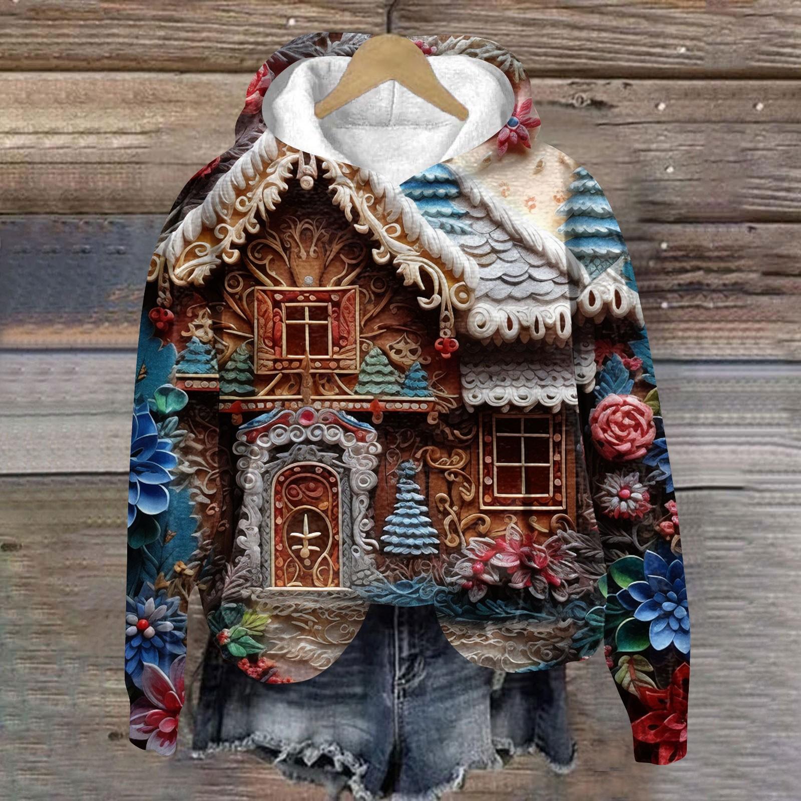 

Женская модная 3D-печать с рождественским принтом и длинными рукавами, свободная толстовка с капюшоном, топ S синий