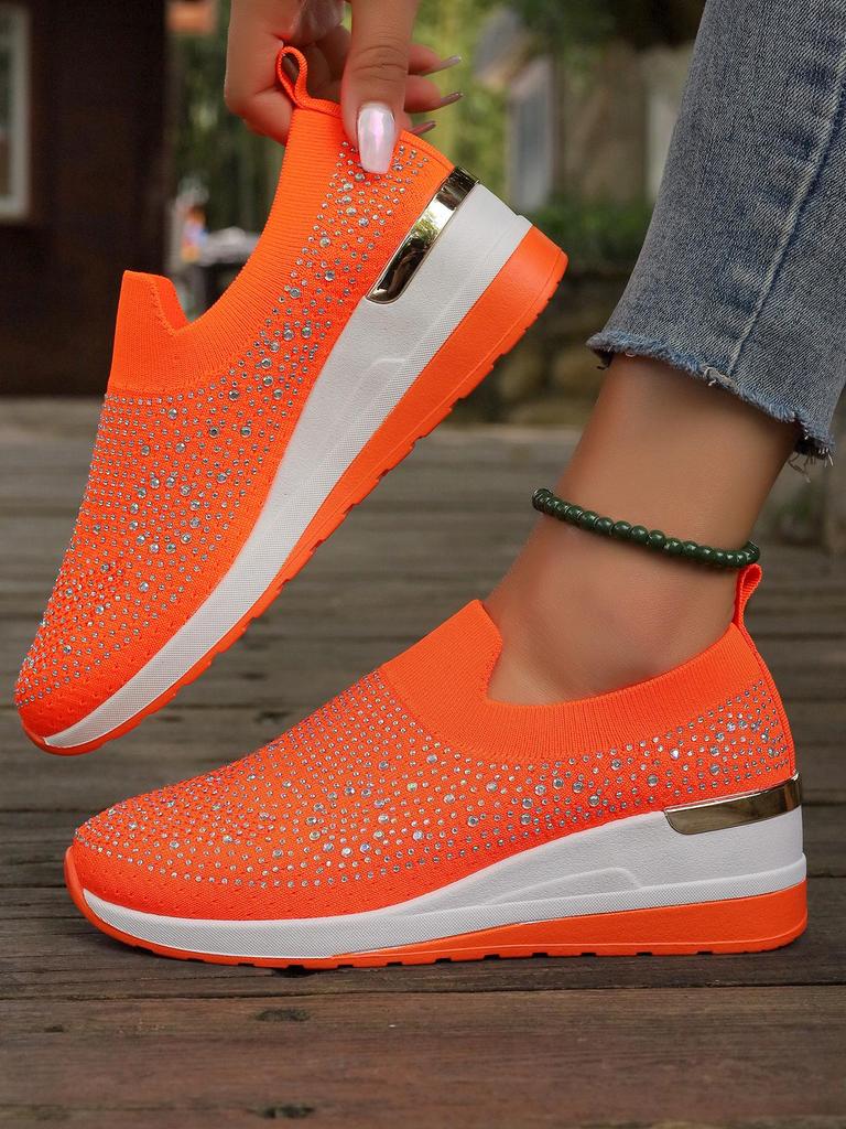 Zomer 2024 Dames Grote Maten Flyknit Mesh Instappers met Strass - Europese en Amerikaanse Stijl