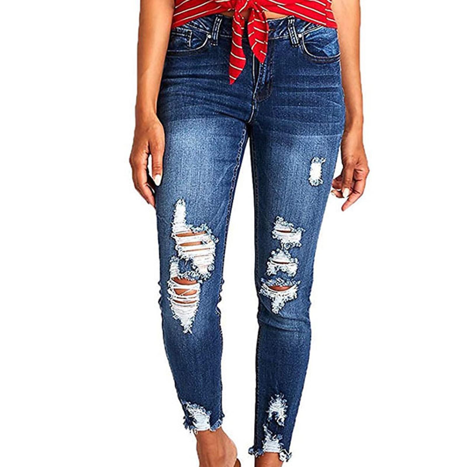 

Эластичные рваные джинсы с завышенной талией и приподнятыми бедрами на небольшую ногу S синий