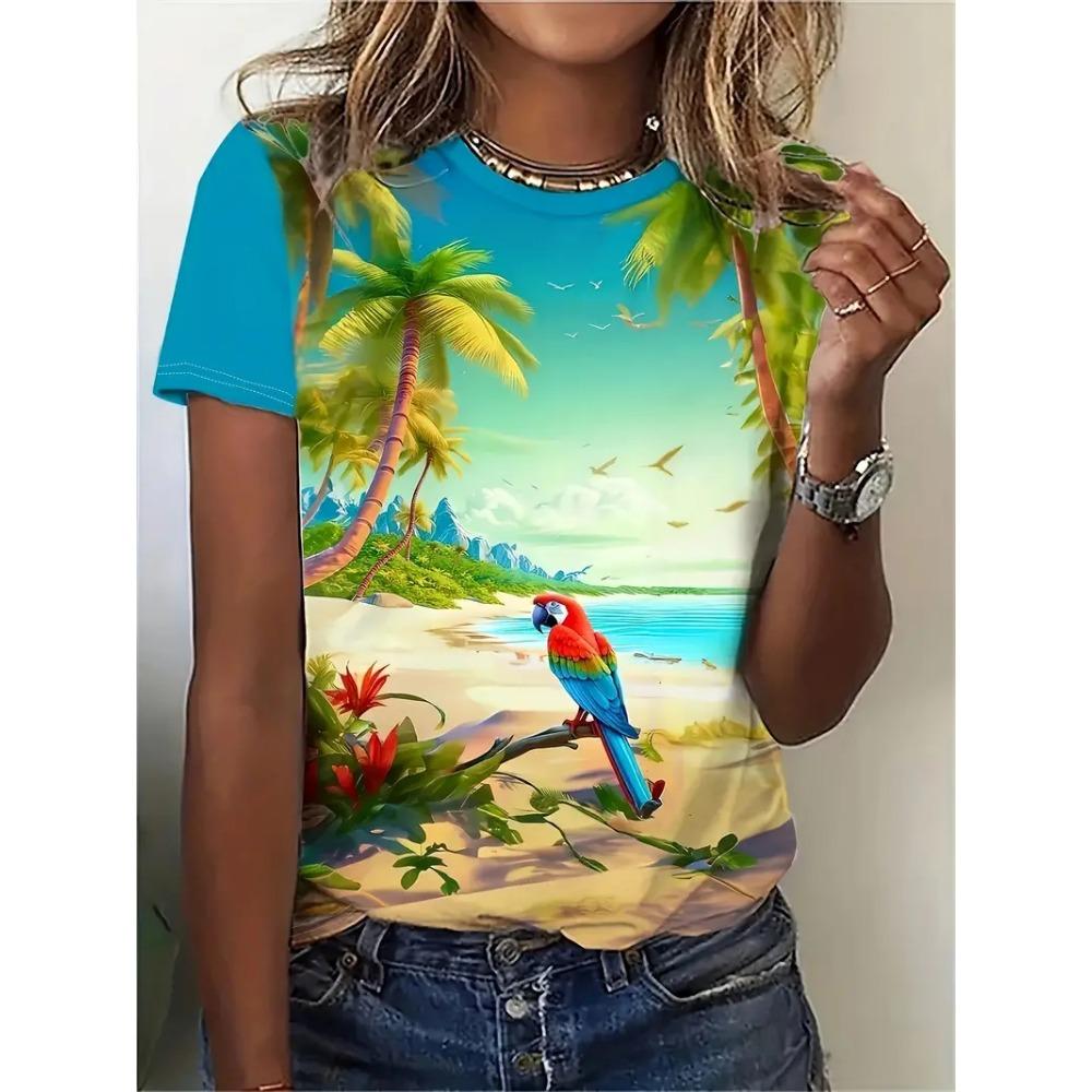 Fashionable 3D Animal Bird Print T-shirt for Women's Summer Casual O-neck Short Sleeved Top Kawaii Girls' T-shirt Loose and Trendy Women's Clothing