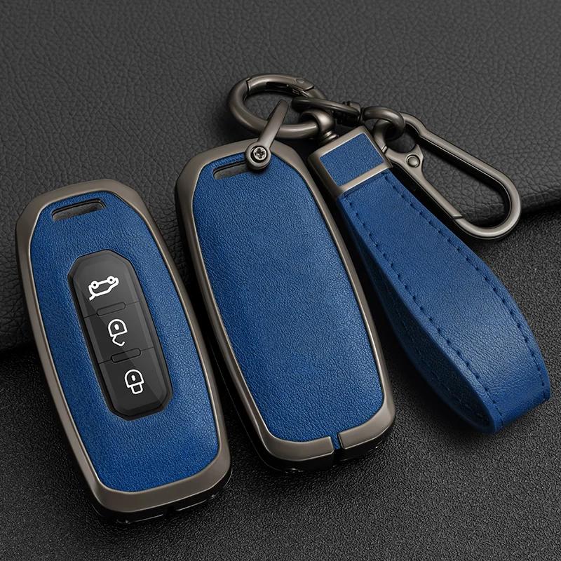 Zinc Alloy + Leather Car Key Case Cover For Ford Territory 2019 2020 2021 2022 2023 2024 3 Buttons Keyless Entry Key Protection