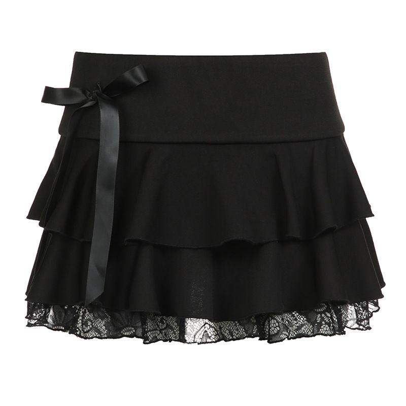 

INS Dark Style Bows Elements Lace Patchwork Slimming Skirt Female Sexy High Waist Multi-Layer Pleated Skirt Black L