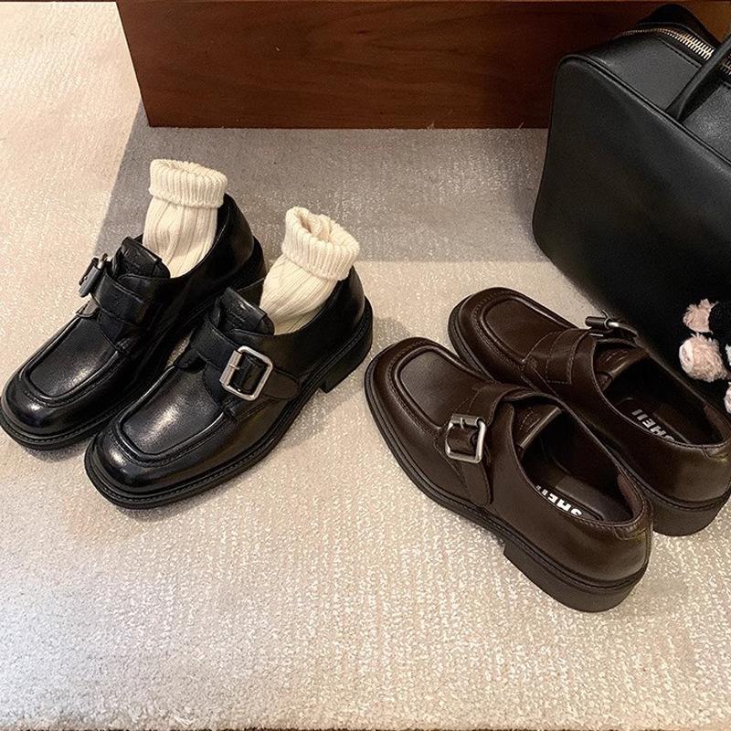 The Same Style, Square Head Buckle with Thick Heel, Lazy Leather Single Shoes, British One-pedal Thick-soled Heightening Loafers.