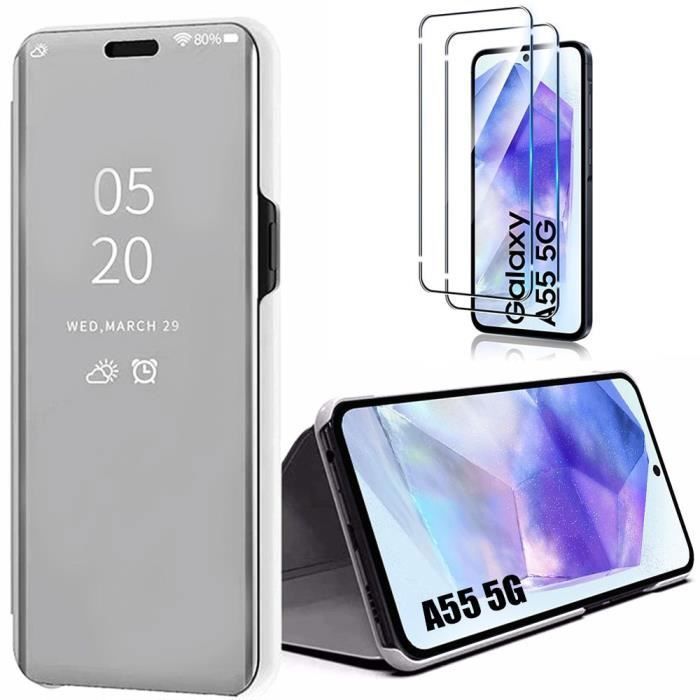 Coque de protection - BOOLING - pour Samsung Galaxy A55 5G - Argenté - Effet miroir - 2 verres trempés inclus