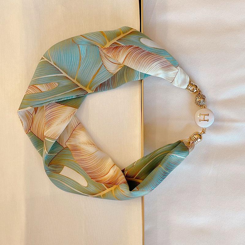 National Style Fragrant Cloud Yarn Magnetic Buckle Necklace Silk Scarf Women'S Summer Pearl Collarbone Chain Versatile High-End Scarf Neck Protection