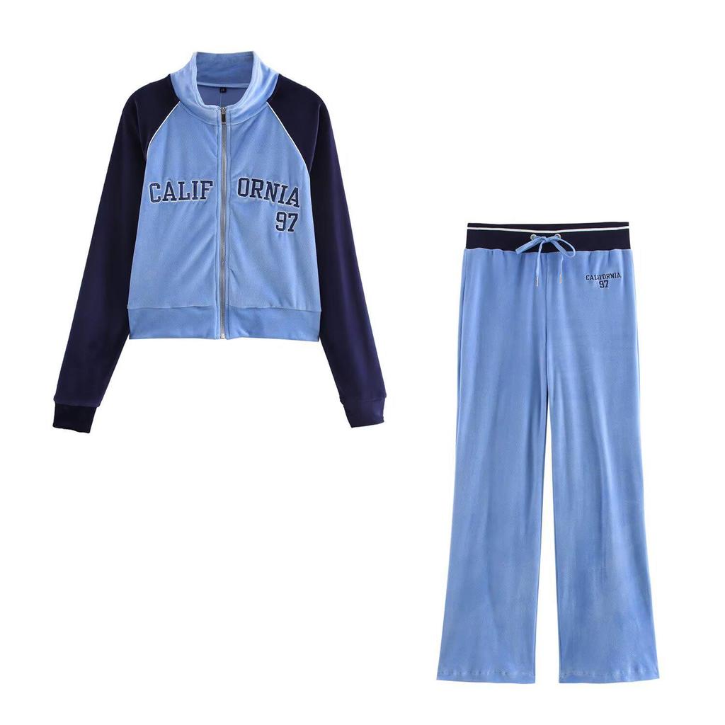 2025 Spring Women's Color-Block Embroidered Velvet Jacket and Pants Set