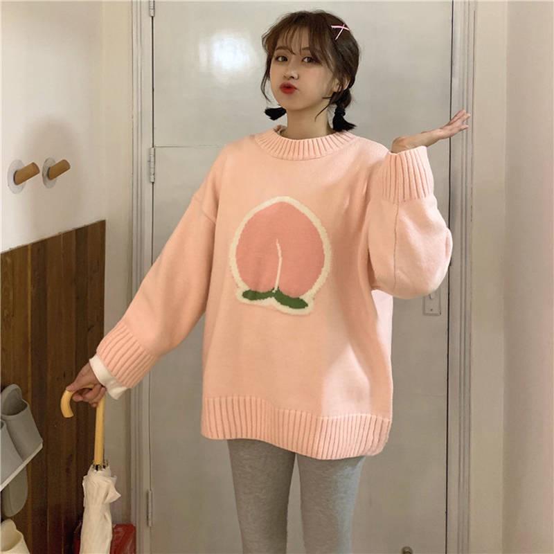 Pofulove Autumn Winter Fun Fruit Jacquard Sweater Loose Thick Long Sleeved Pullover Sweater Women