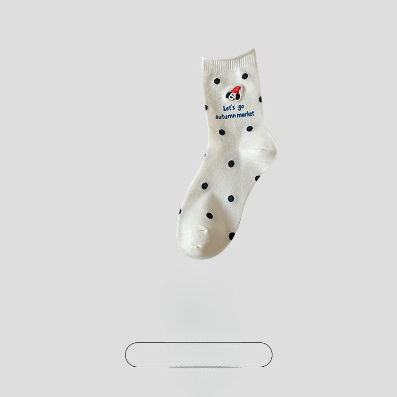 Ladies Fall New Polka Dot Cartoon Puppy Embroidered Sweat Absorbing Breathable Boneless Mid Tube Socks