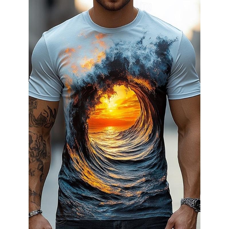 Summer Daily Casual Men's Loose-fitting Top 3D Wave Print Men's T-shirt Outdoor Seaside Men's Fashionable Short-sleeved Shirt