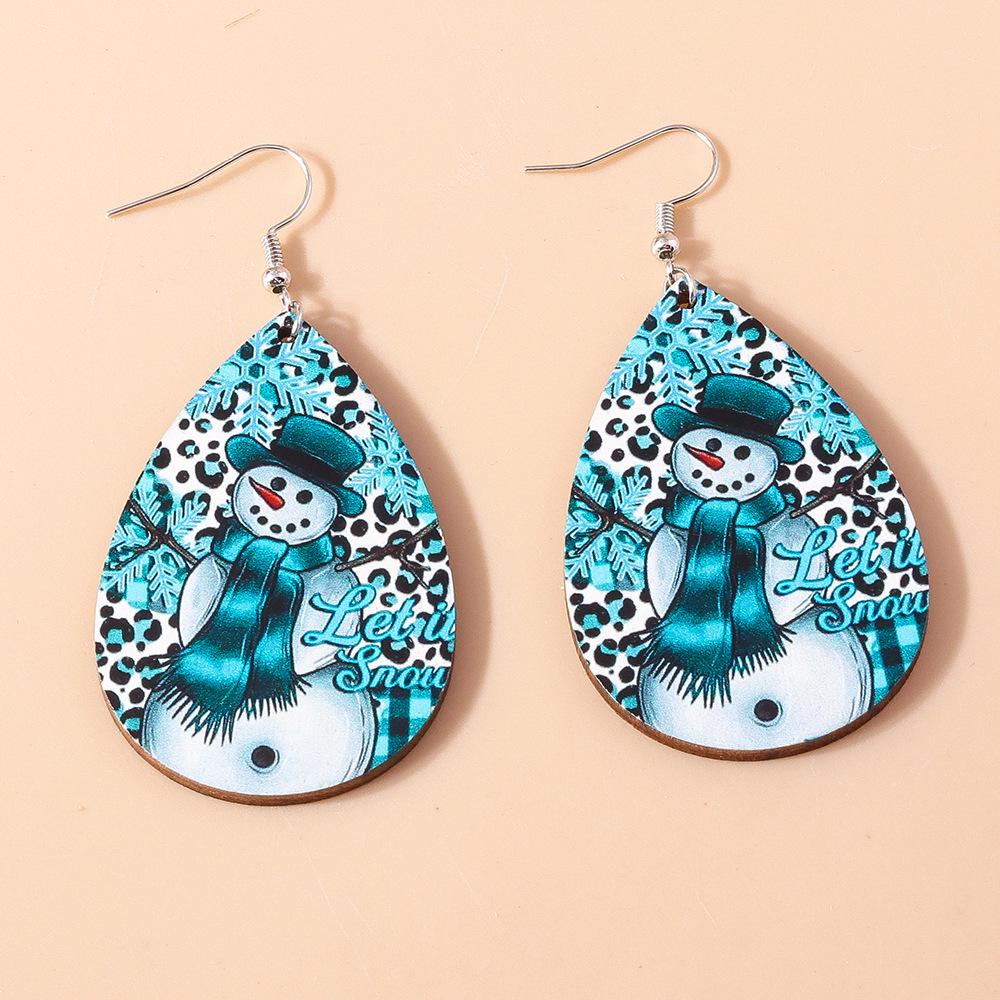 European-American Teardrop Christmas Earrings: Wooden Cartoon Snowman & Reindeer Design