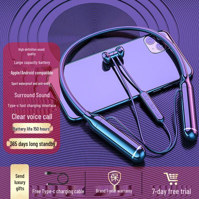 2026 Model Genuine Bluetooth Neckband Earphones: 200-Hour Battery, In-Ear Noise Cancellation, Perfect for Gaming and Sports.