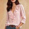 New Women's Long Sleeve V-neck Ruffle Solid Color Elegant Slim Fit Casual Versatile Top for European American Women