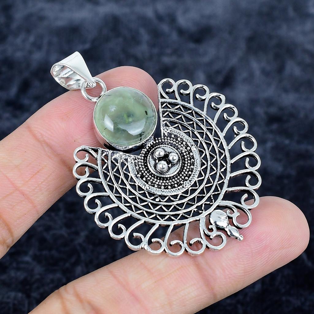 Prehnite Gemstone Handmade 925 Sterling Silver Jewelry Pendant 2.29" MM-3406