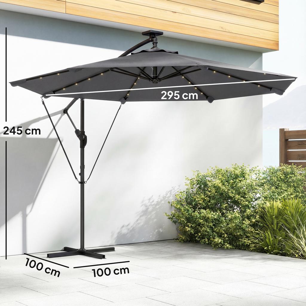 Cantilever Parasol, Solar LED, 32 LED Lights, Crank, UV 50+, 295 cm, Grey