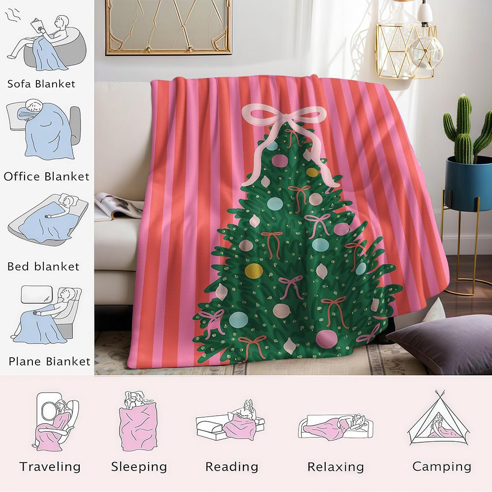 Red Striped Christmas Tree Flannel Blanket Warm Soft Halloween Christmas Couch Warm Cozy Decorative Decor Gift For All Season