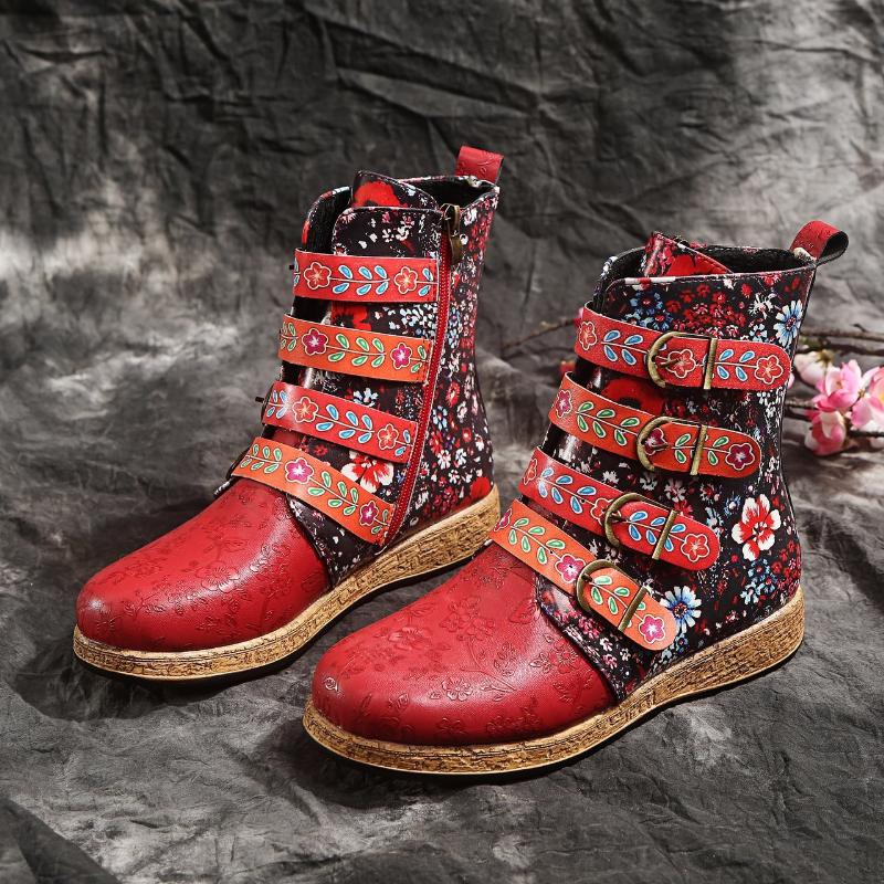 

Повседневные женские сапоги в этническом стиле с вышивкой, модные сапоги на плоской подошве, короткие сапоги с пряжкой на ремне 35 красный