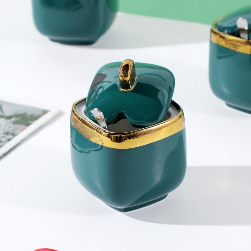 Ceramic Condiment Jars with Gold Rim, Nordic Style - Seasoning Bottle Set for Kitchen, Salt & MSG Shakers
