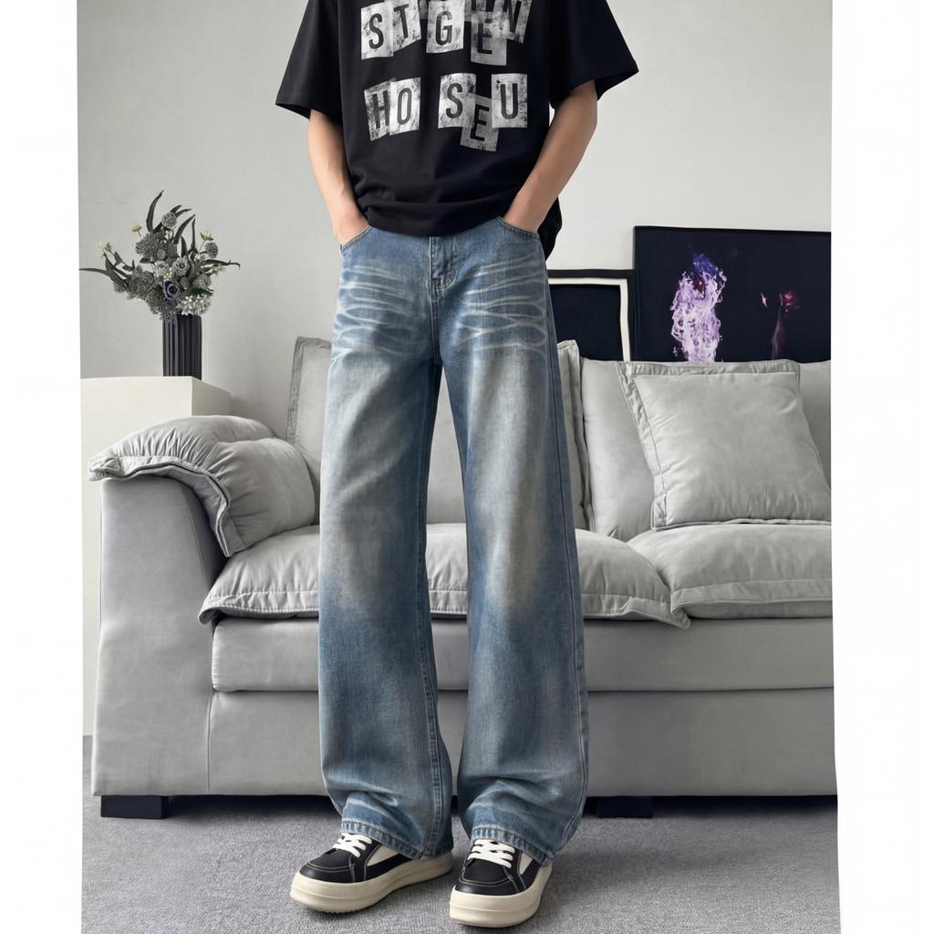 Jeans men's baggy jeans loose and old washed light blue straight trousers American retro trendy brand