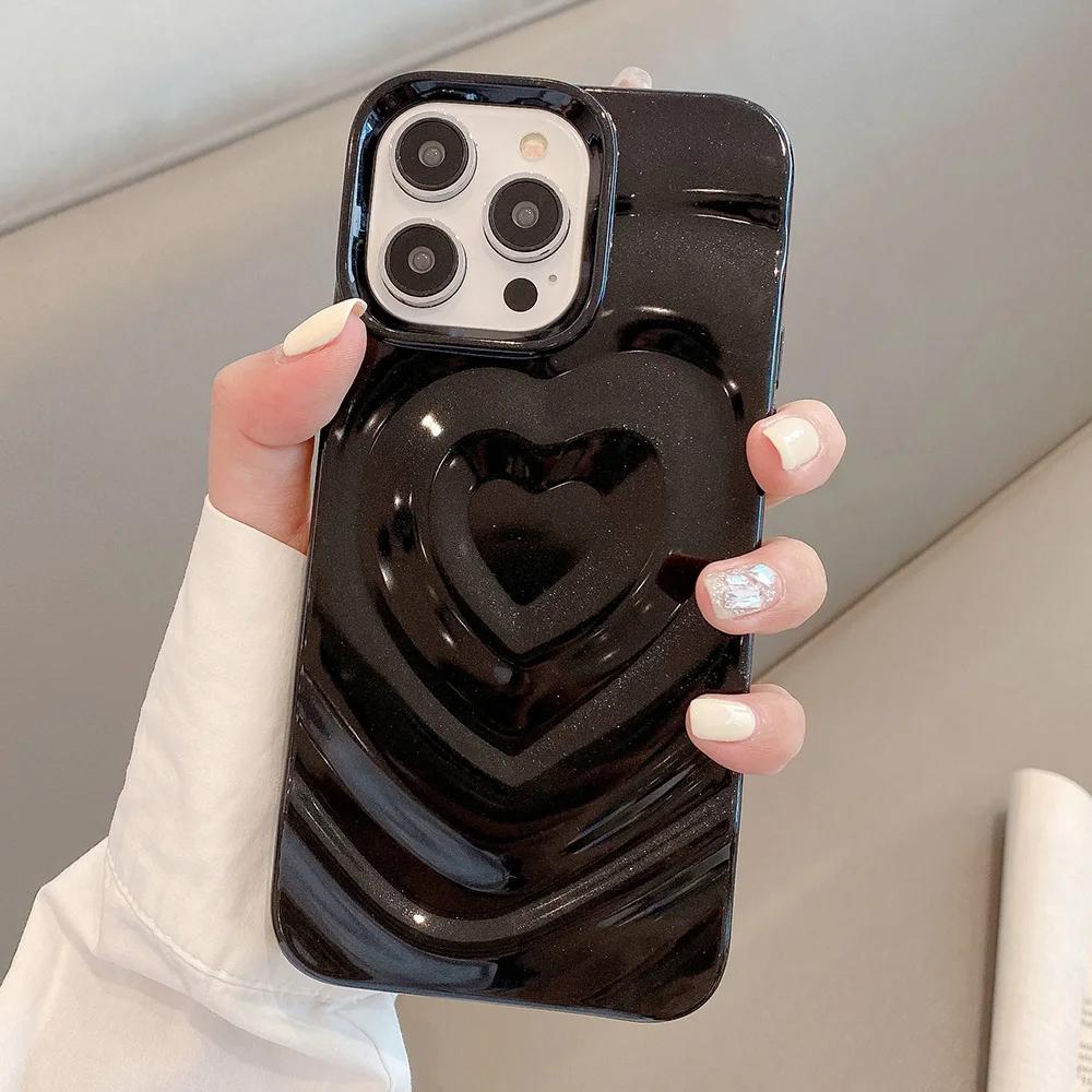 Bling Love Heart Pattern Phone Case For iPhone 16 16E 15 14 13 12 Pro Max 11 Luxury Smooth Shockproof Bumper Back Cover Coque