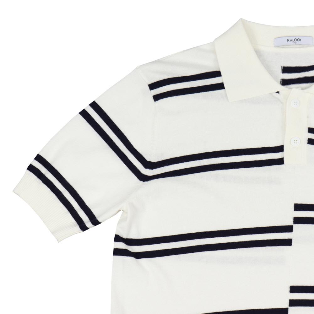 IKALOOK Viscose Stripe Collared Short Sleeve Knit Stee143