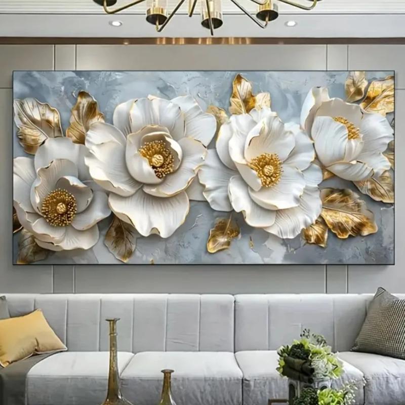 

Elegant Style Canvas Poster Prints Art, Frameless Modern Floral Wall Arts Decor, White Flowers with Golden Accents for Livin 20X40CM No Framed