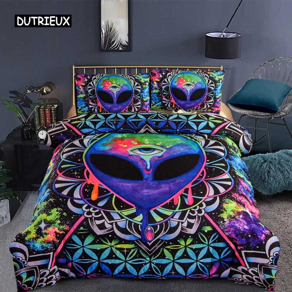 Colorful Alien Duvet Cover Fantasy Alien Skull Bedding Set Psychedelic Space Queen King Alien Gift Bedroom Decoration Men Boys
