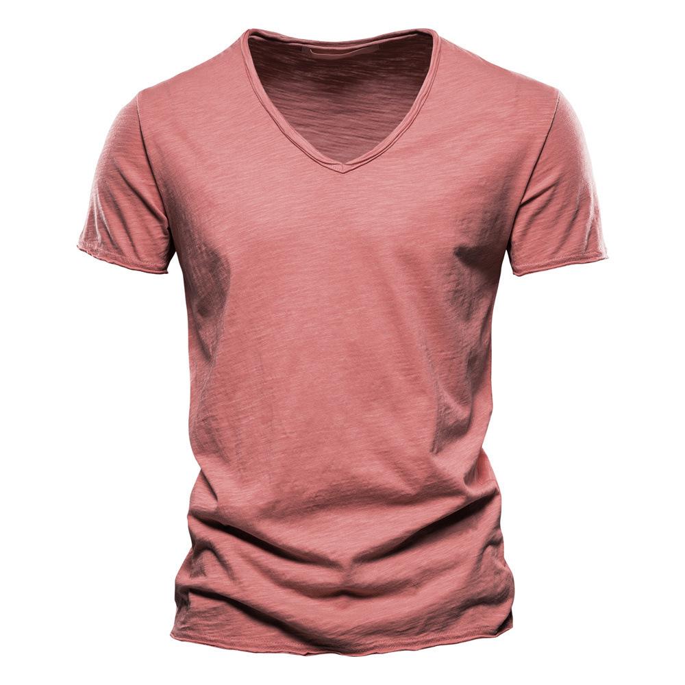 Herren Sommer V-Ausschnitt T-Shirt - Reine Baumwolle Slub, Unifarbe, Kurzarm