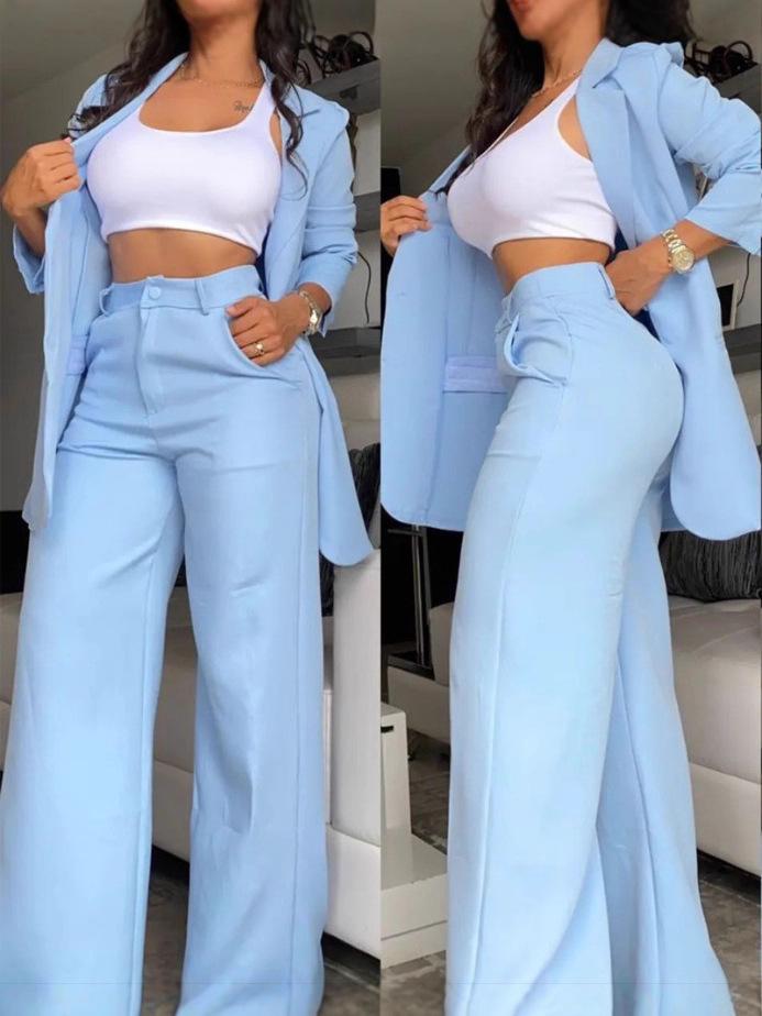2026 Summer Elegant Women's Solid Color Split Sleeve Suit with Straight Leg Pants