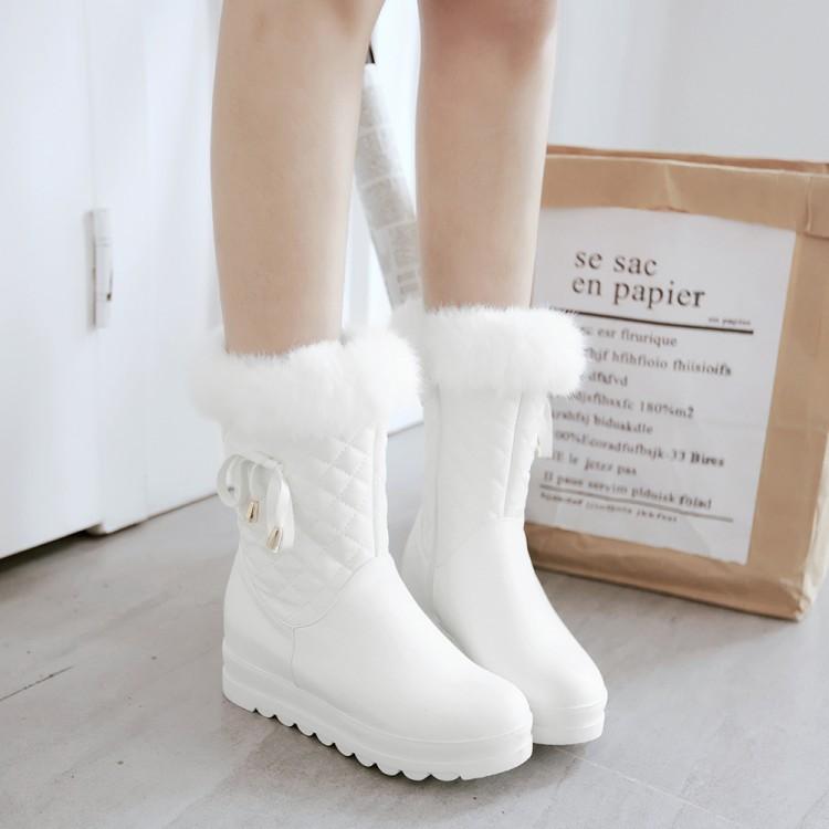 

Зимние теплые сноубутсы с внутренней высотой, полусапоги, сапоги из кроличьего меха, сапоги на платформе с бантом, сапоги 34 белый