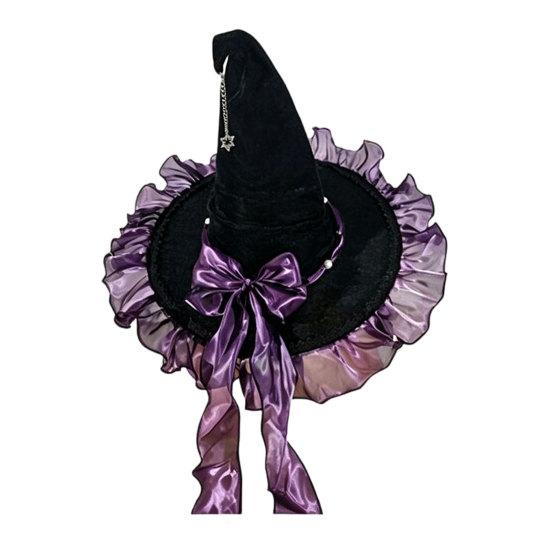 Xiaobudian Halloween Witch Hat for Women, Velvet Wizard with Ruffle Brim And Bow Party, Masquerade, Cosplay Costume Accessory