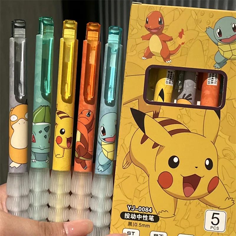 5pcs Pikachu Gel Pen Set Pokemon Ballpoint Pen Cartoon Printing Writing Pen Students Stationery Office Supplies For Kids Gift