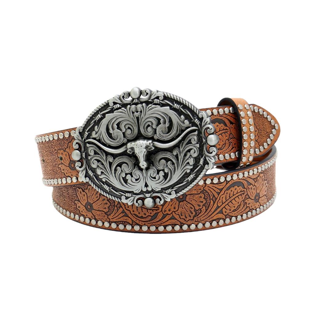 Western Denim Belt Bull Head Big Board Buckle Retro Edge Beads Men'S Punk Hip Hop Pu Leather Belt