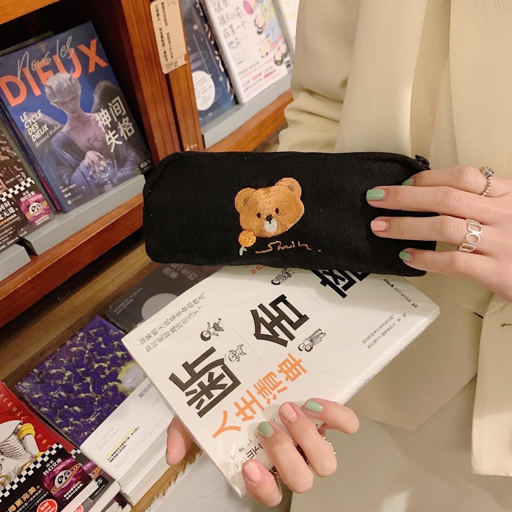 Women Cute Bear Embroidery High Beauty Student Stationery Box Large Capacity Cosmetic Bag