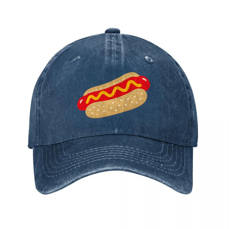 Hot Dog Pattern Vintage Washed Canvas Baseball Cap Unisex Adjustable Dad Hat Funny Food Design Casual Outdoor Summer Hat