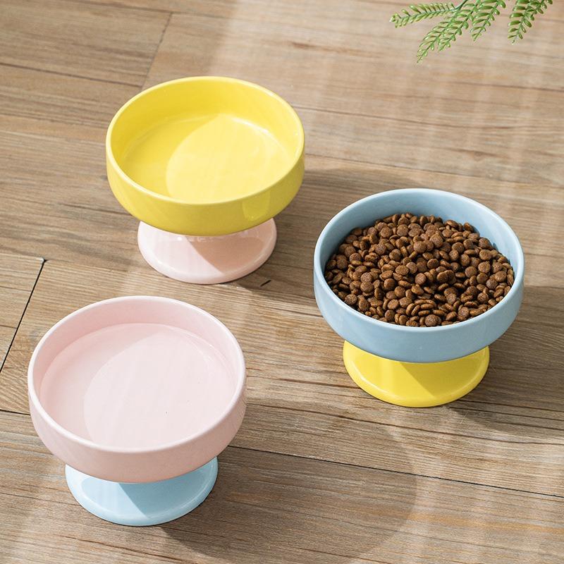 Ceramic Color-Blocked Pet Bowl Elevated Cat Bowl Protects Cervical Vertebrae Pet Supplies