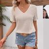 Ladies Summer Lacework Short Sleeve V Neck Solid Color Pullover Knitted T Shirt Top