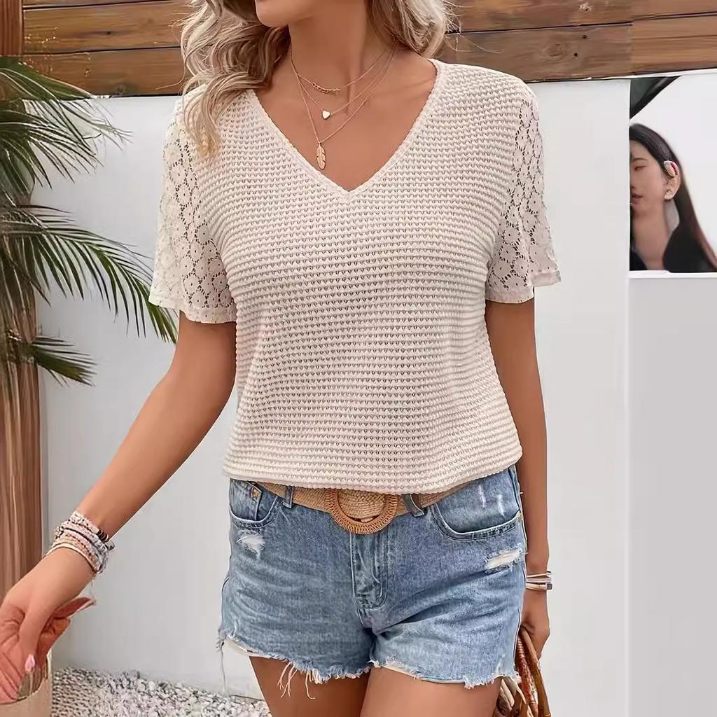 Ladies Summer Lacework Short Sleeve V Neck Solid Color Pullover Knitted T Shirt Top