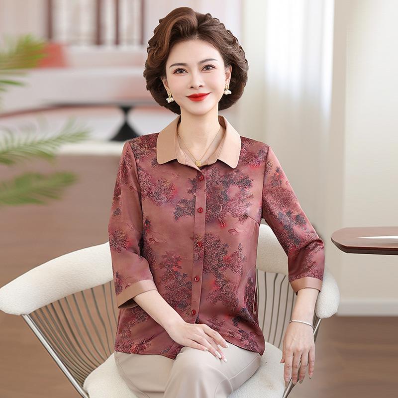 

2026 Stylish Spring/Summer Seven-Sleeve Printed Shirt for Middle-Aged and Elderly Women XL (100-110 lbs) розовый