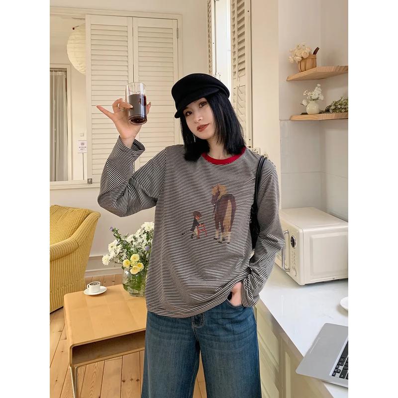 Women s Striped Color-Block Collar Long-Sleeve T-Shirt XL