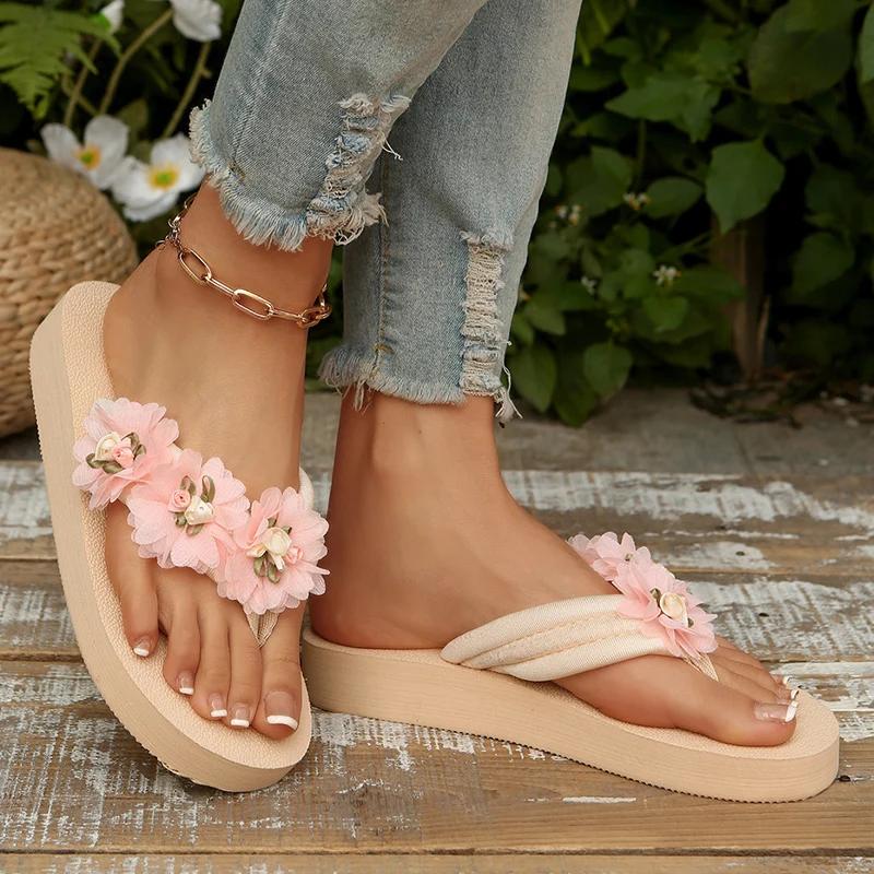 Fashion Fashion Flower Decoration Women's Flip Flops 2025 Summer Comfort Non Slip Beach Slippers Woman Lightweight Clip Toe Flat Sandals