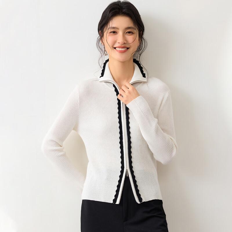Elegant Silk Blend Contrast Lace Zipper Knitted Cardigan