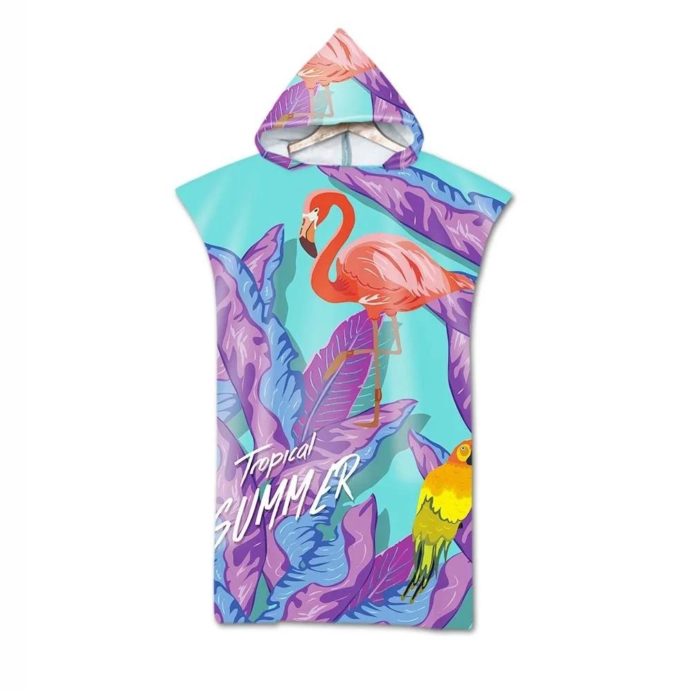 Microfiber Hooded Beach Towel For Adults Fashion Swimming Pool Bath Towel With Cloak Tropic Plant Flamingo Printed Bathrobe