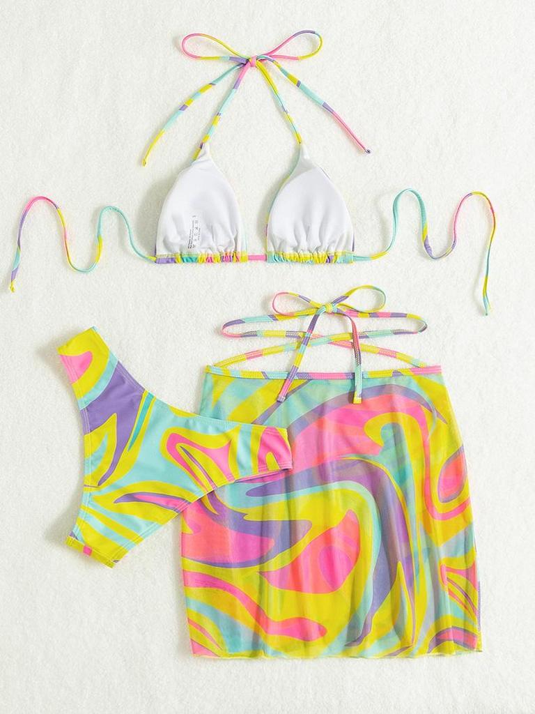 Criss-Cross Printed Bikini Swimsuit Three-Piece Set with Beach Skirt - 2025 New Style