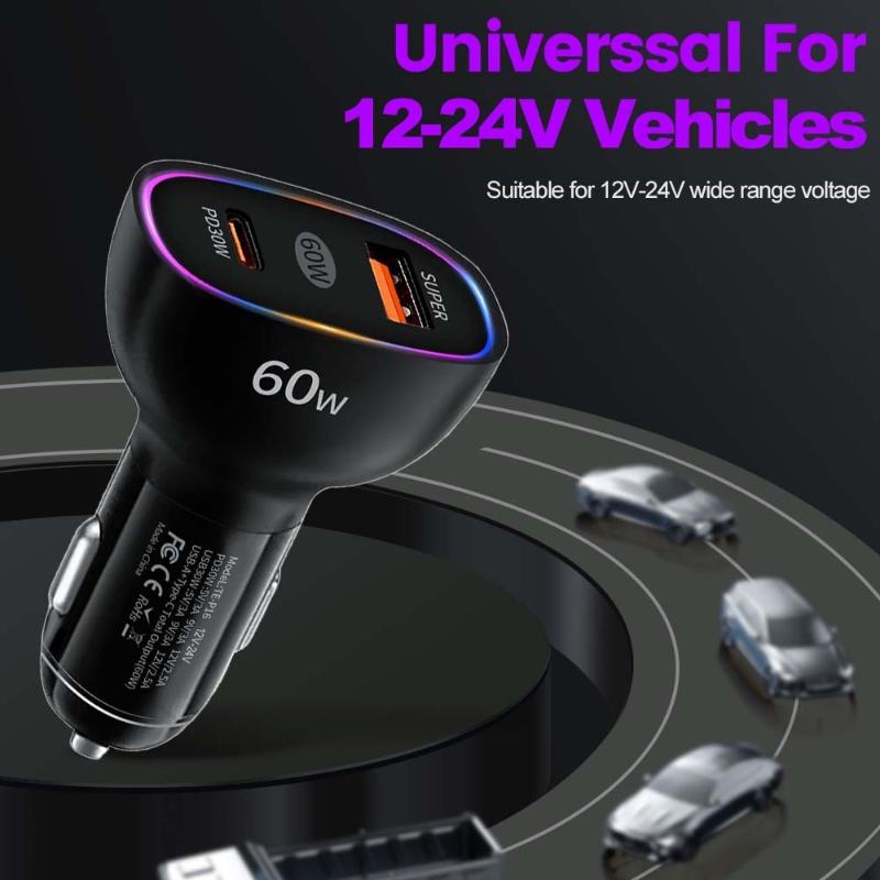 Car Charger 60W Usb C Fast Charger Pd30W Qc3.0 Dual Port Adapter Quick Charge 3A For Mobile Phones Tablets