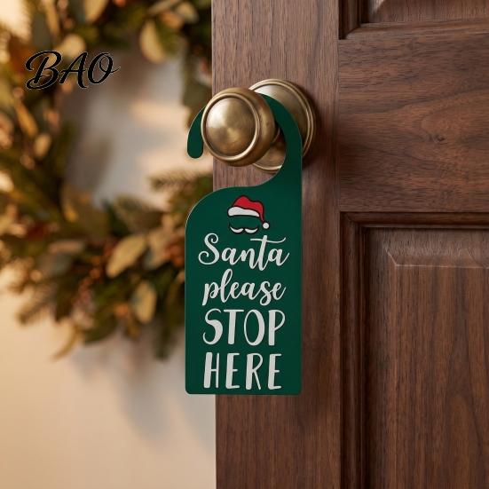 Kids Room Holiday Decor Christmas Door Handle Sign, Santa Please Stop Here Plastic Seasonal Ornaments Festive Knob Hanger Sign for Bedroom Decoration